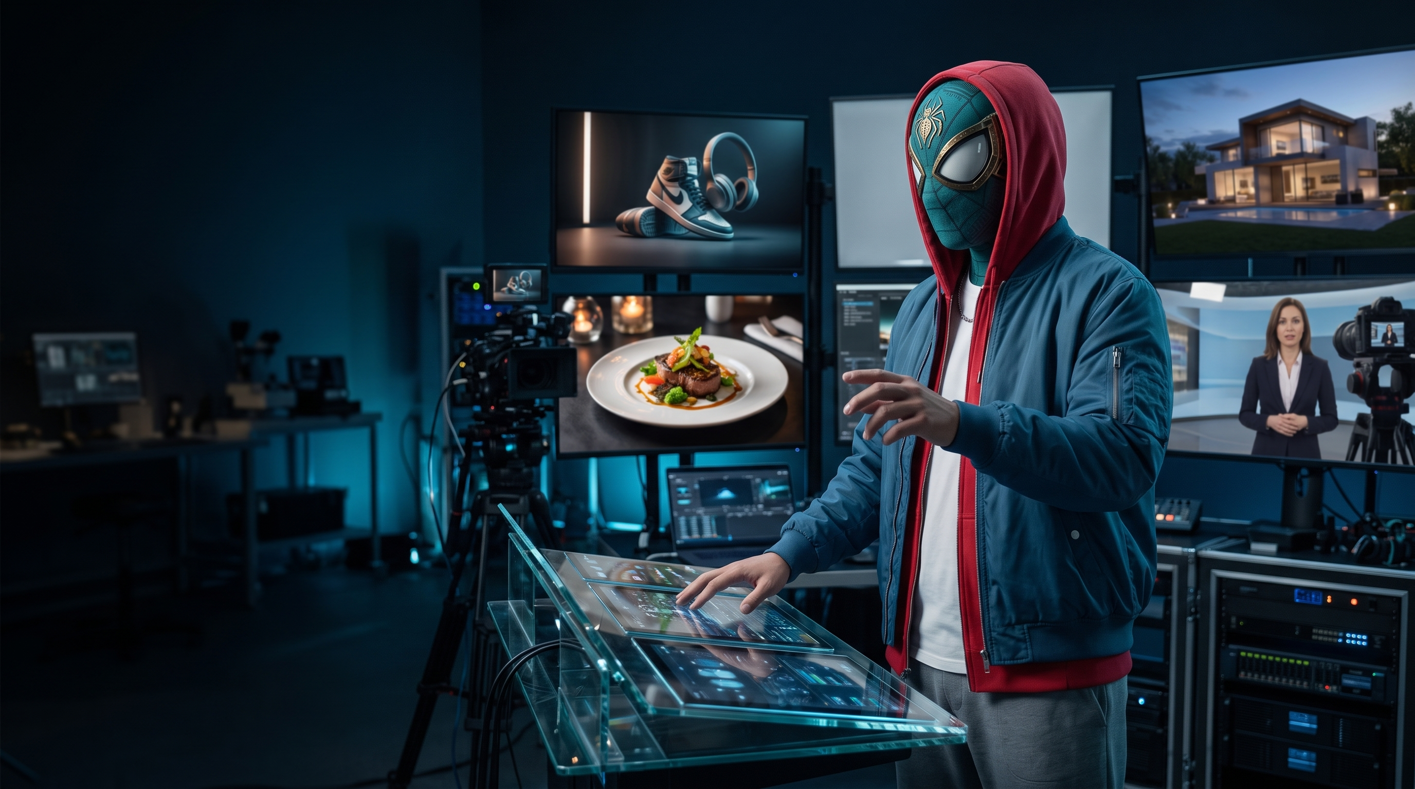 Yuca Araña creando videos en un estudio con inteligencia artificial, rodeado de pantallas de productos, restaurantes, una propiedad y una presentadora virtual